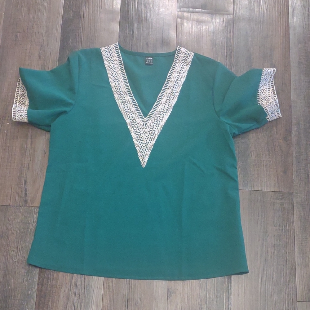 Green V-Neck Blouse with Lace Trim